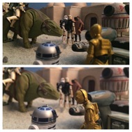 WIPE TO: EXTERIOR: TATOOINE -- MOS EISLEY STREET. Threepio and Artoo watch as a man from the bar approaches stormtroopers in the street to report the sighting of a possible Jedi. THREEPIO:" I don't like the look of this." Artoo beeps his agreement. #starwars #anhwt #toyshelf
